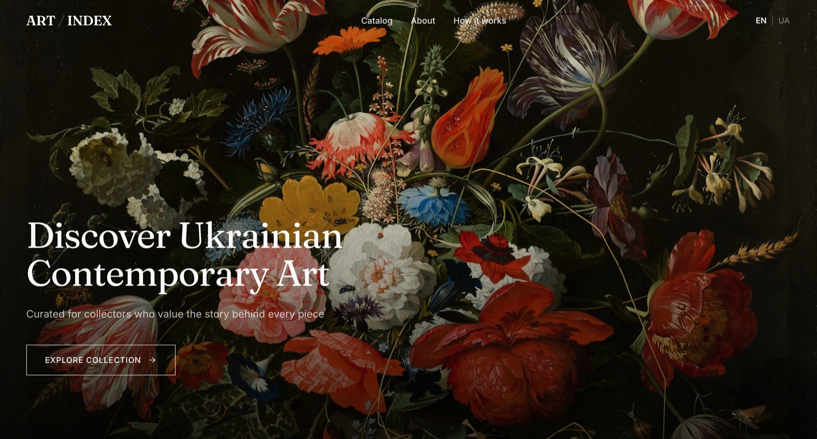 ART Index home page — a dark, gallery-style hero reading 'Discover Ukrainian Contemporary Art'.