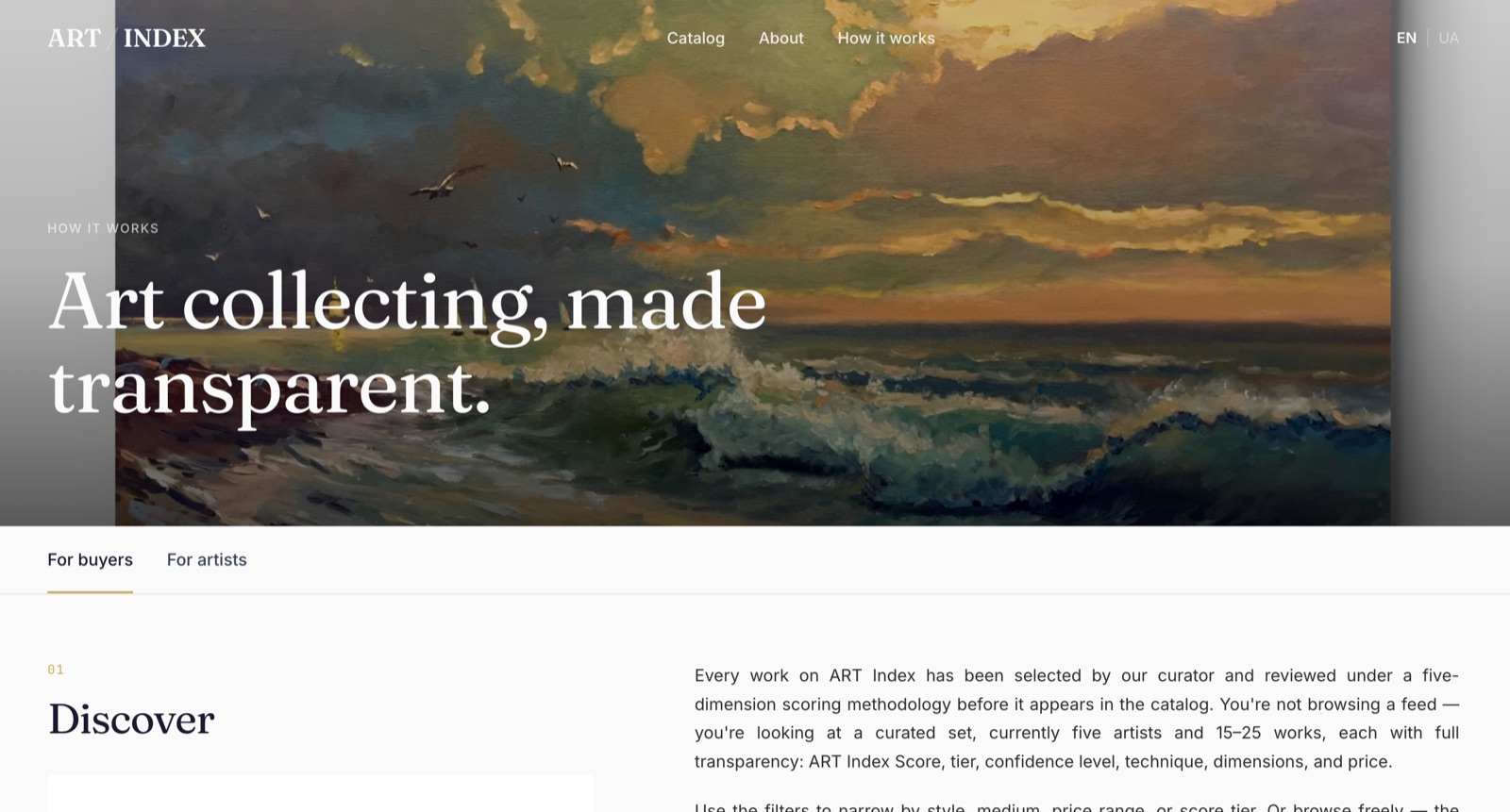 ART Index 'How it works' page explaining the transparency methodology for buyers and artists.