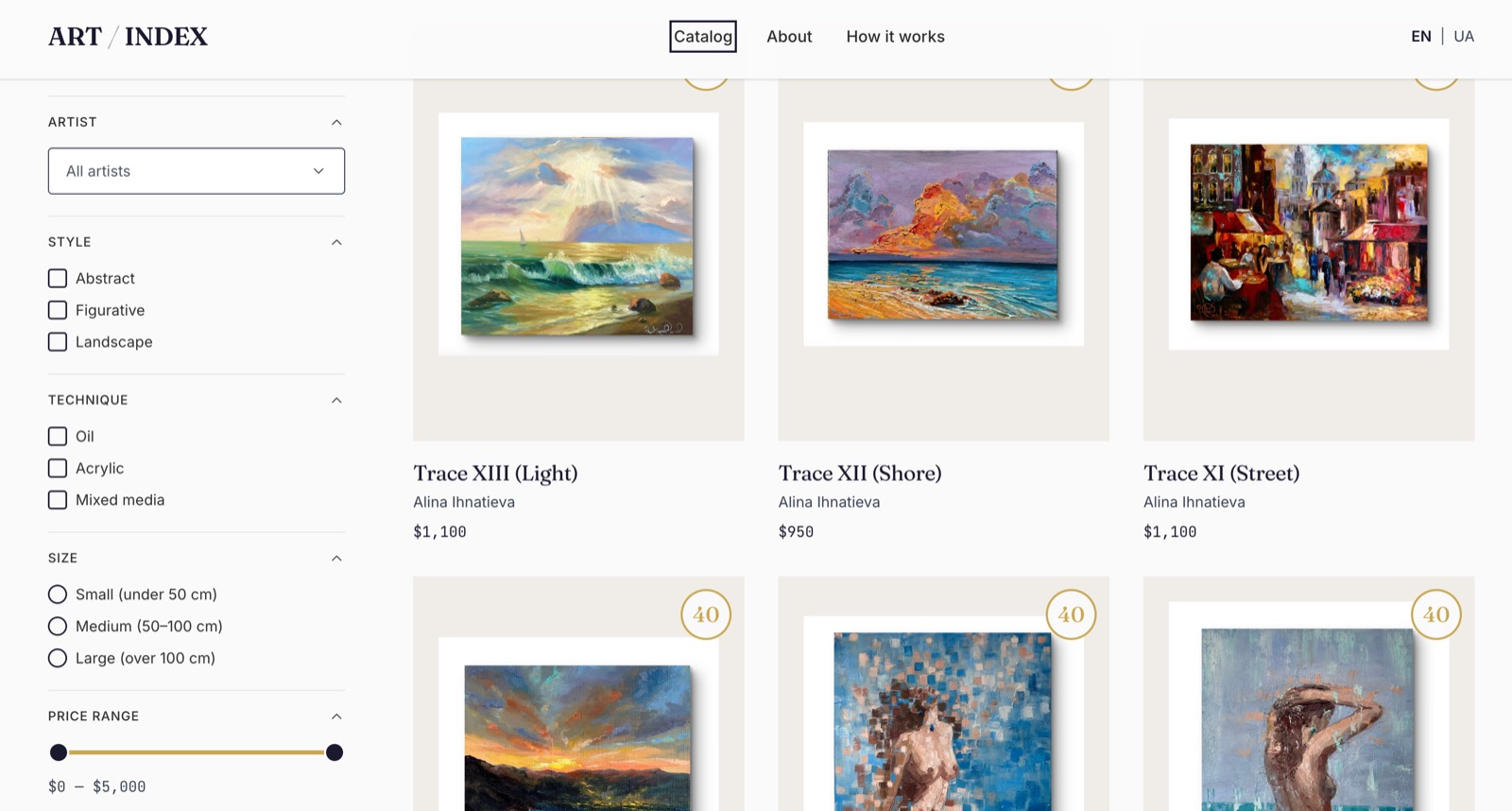 ART Index catalog with filters for artist, style, technique, size and price, and a grid of scored artworks.