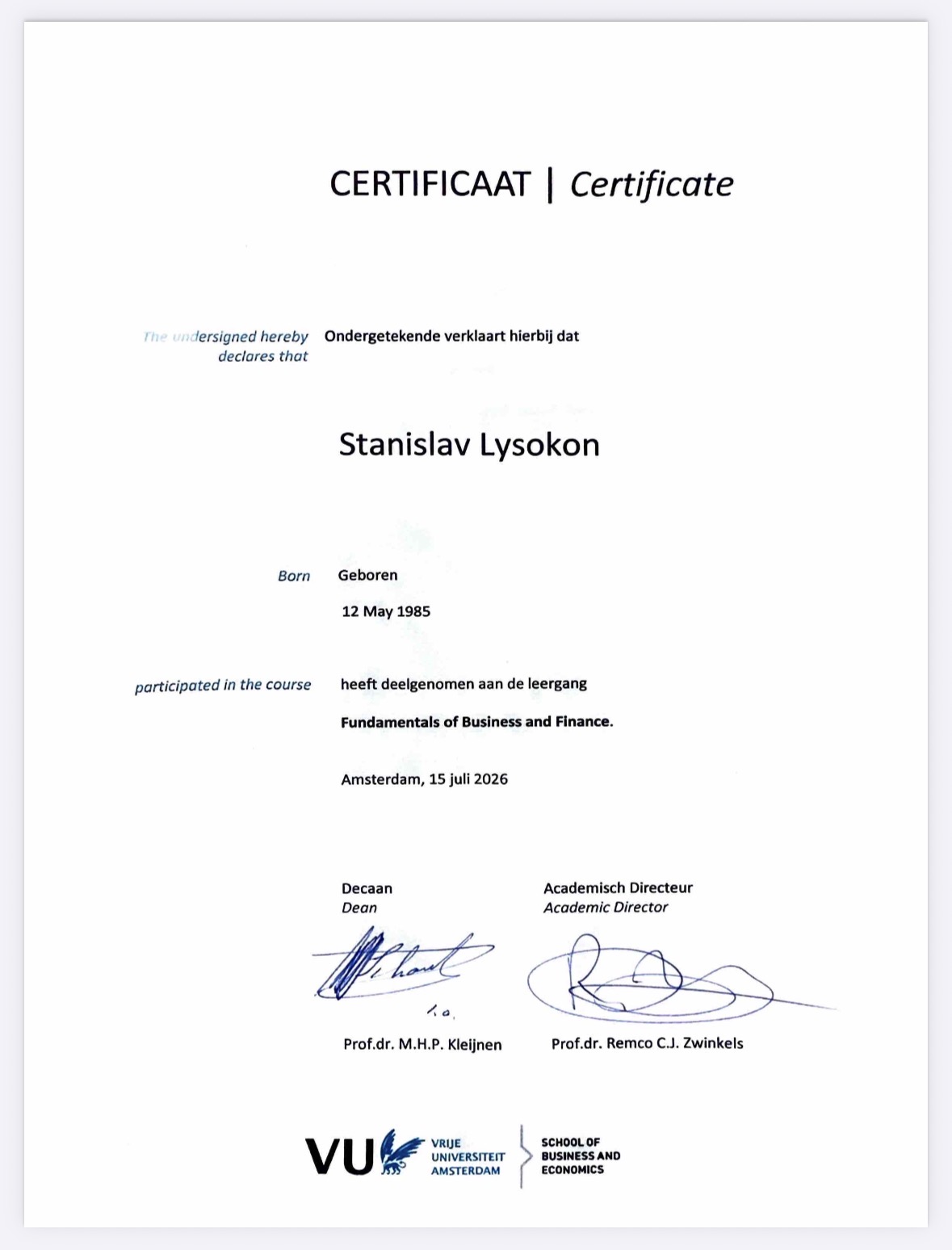 Business and Finance Course certificate